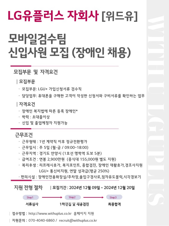 LG유플러스 자회사[위드유]. 모바일검수팀 신입사원 모집(장애인 채용). 모집부문 및 자격요건. 모집부문: 모집부문 LGU+ 가입신청서류 검수직, 담당업무 휴대폰을 구매한 고객이 작성한 신청서와 구비서류를 확인하는 업무. 자격요건 : 장애인 복지법에 따른 등록 장애인*, 학력 초대졸이상, 신입 및 졸업예정자 지원가능. 근무조건. 근무형태 : 1년 계약직 이후 정규전환평가, 근무일시 : 주 5일 (월-금/09:00-18:00), 근무지역 : 경기도 안양시(1호선 명학역 도보 5분), 급여조건 : 연봉 2,900만원(중식대 155,000원 별도 지원), 복리후생 : 리프레시휴가, 복지포인트, 종합검진, 장애인재활휴가, 경조사지원, LGU+ 통신요금 지원, 연말 성과급(평균 250%). 편의시설 : 장애인전용화장실/주차장, 출입구경사로, 점자유도블럭, 시각경보기. 지원 전형 절차. 모집기간 : 2024년 12월 09일 ~ 2024년 12월 20일.  Step1. 서류심사 > Step2. 1차면접 및 채용검진 > Step3. 최종합격. 접수방법 : http://www.withuplus.co.kr 홈페이지 지원. 지원문의 : 070-4040-6860 / recruit@withuplus.co.kr